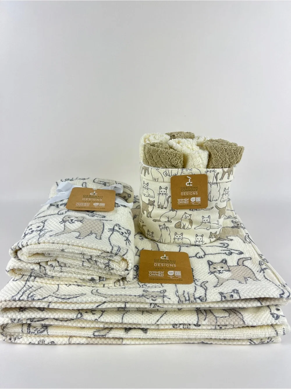 Deborah Connolly Bath Towel Set Cat Print Cream Tan Gray Cotton Blend 11 Pc NEW